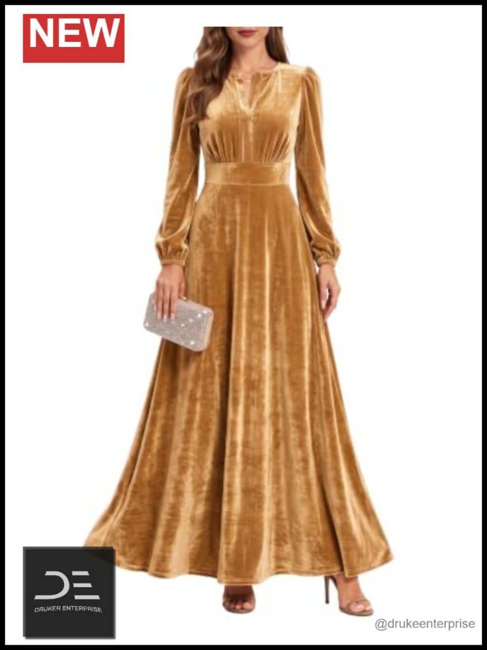 Velvet V Neck Long Sleeve Maxi Dress Empire Waist Formal